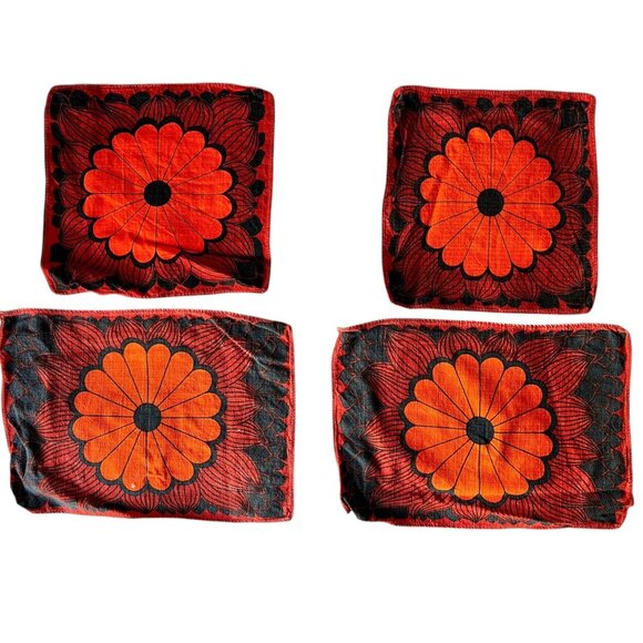 Orange & Black Floral MCM Placemat & Napkin Set Linen Cotton Boho 1970s READ - Picture 1 of 13